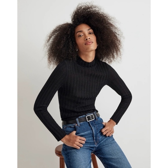 Madewell Sweater Alpaca-Blend Mockneck Sheer Ribbed Long Sleeve Black S NWT New - Picture 1 of 14